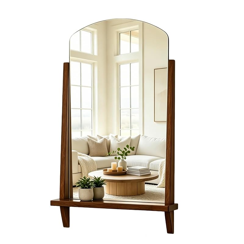Arched Wall Mirror with Shelf - 24 x 37.4 Inch Walnut Wood Frame, Tempered Glass