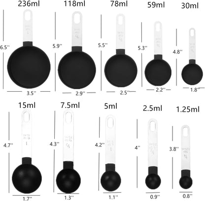 Skiennix Measuring Cups and Spoons Set - 10-Piece Stackable Kitchen Tools with Engraved US Measurements | Food-Grade Silicone Handles, Dishwasher Safe (Black)