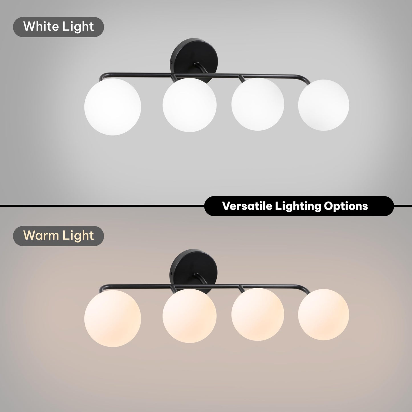 esme baia Modern Bathroom Vanity Light Fixtures 4 Lights Black and Milk White Glass Globe Shade Modern Wall Sconce Lighting Bath Vanity Lights Bar Over Mirror (Exclude G9 Bulb)