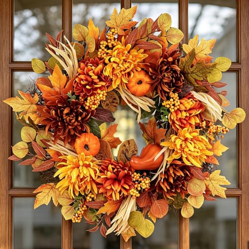 26-Inch Fall Wreath with Dahlia Pumpkin Berries - Autumn Harvest Front Door Decor - Golden Maple Variation