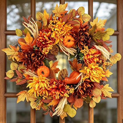 26-Inch Fall Wreath with Dahlia Pumpkin Berries - Autumn Harvest Front Door Decor - Golden Maple Variation