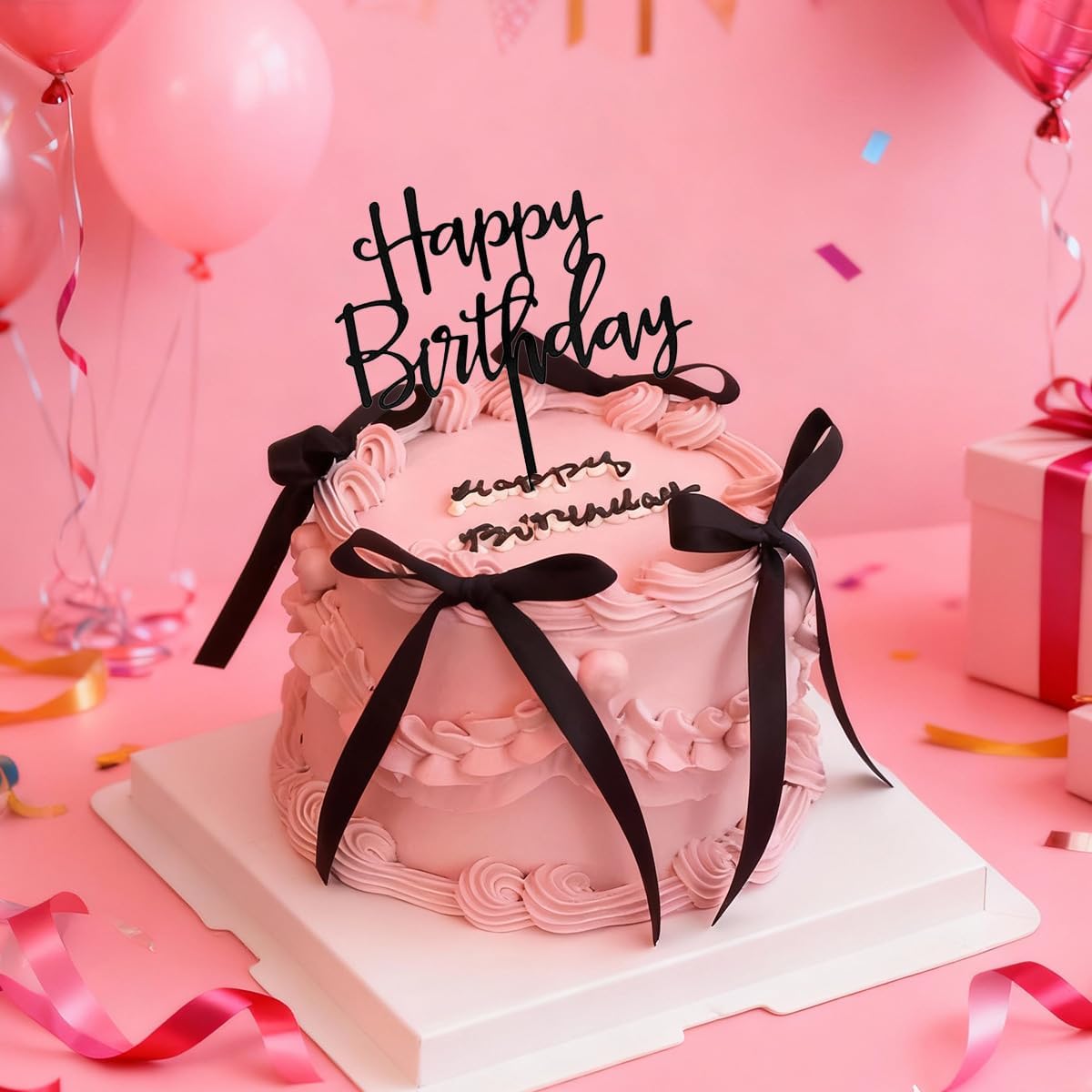 Skiennix Black Satin Cake Bows - 11 Pcs Coquette Toppers with Happy Birthday Sign | Perfect for Birthdays, Baby Showers & Weddings