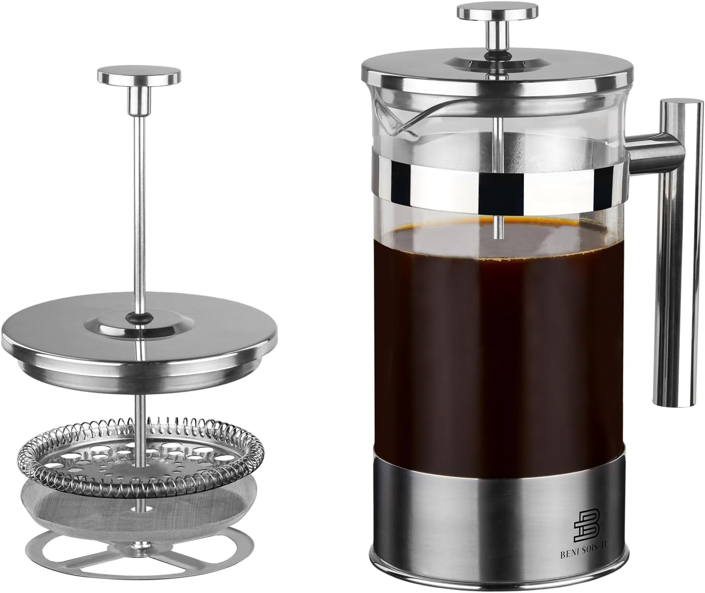 Skiennix 34 oz French Press Coffee Maker - Borosilicate Glass, Stainless Steel Plunger, Heat Resistant, Silver