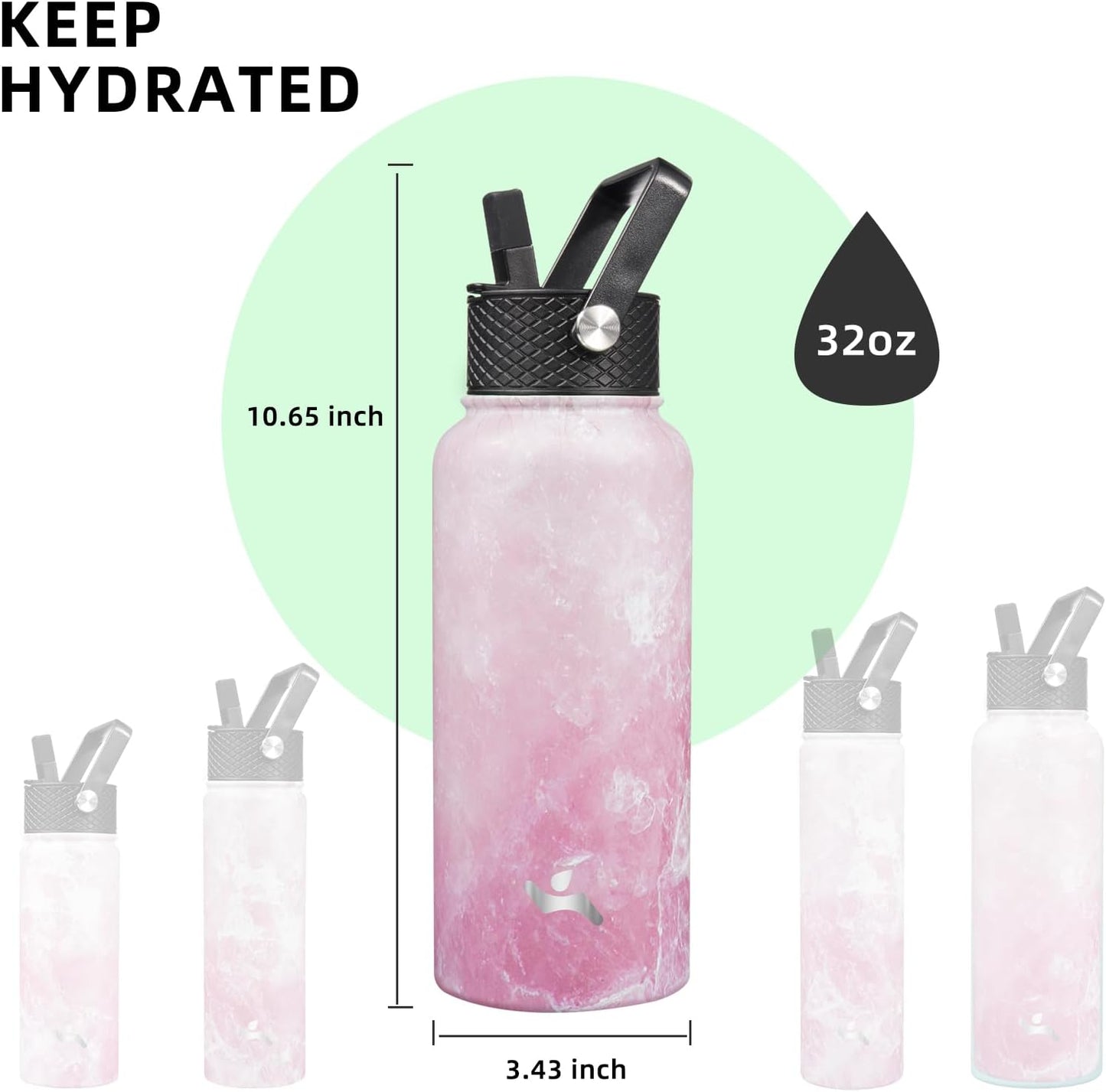 Skiennix 32 Oz Insulated Water Bottle - Stainless Steel Sport Bottle with 3 Lids | Marble Blossom