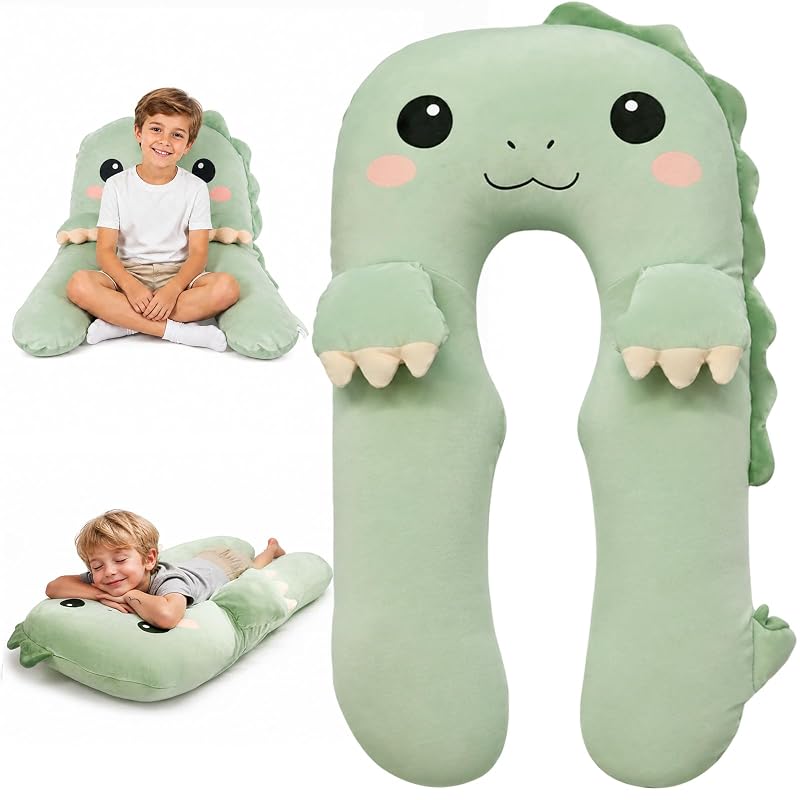Green Dinosaur U Shaped Kids Body Pillow - Plush Toddler Comfort Pillow