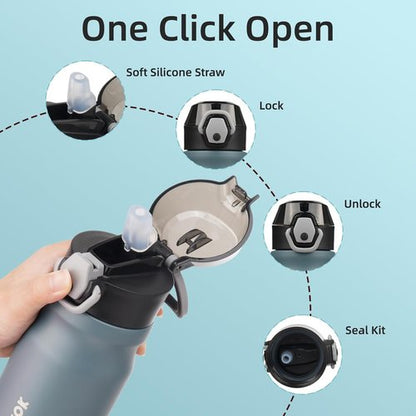 BJPKPK Insulated Water Bottle - 14oz Stainless Steel Flask with Straw & Carry Handle | Dark Grey