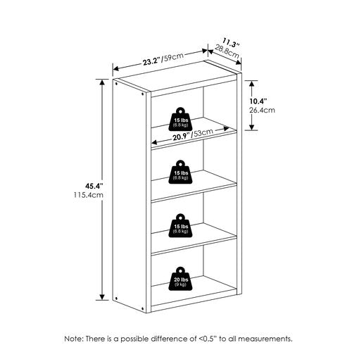 Furinno Viola Book Shelf, 4-Tier Bookshelf, Extra Thick Frame Bookcase with Open Shelf, Open Back Design, 11.3" x 23.2" x 45.4", for Living Room, Bedroom, Home Office, Black Dark Oak