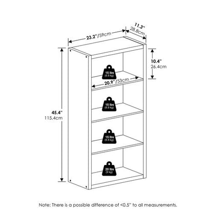 Furinno Viola Book Shelf, 4-Tier Bookshelf, Extra Thick Frame Bookcase with Open Shelf, Open Back Design, 11.3" x 23.2" x 45.4", for Living Room, Bedroom, Home Office, Black Dark Oak
