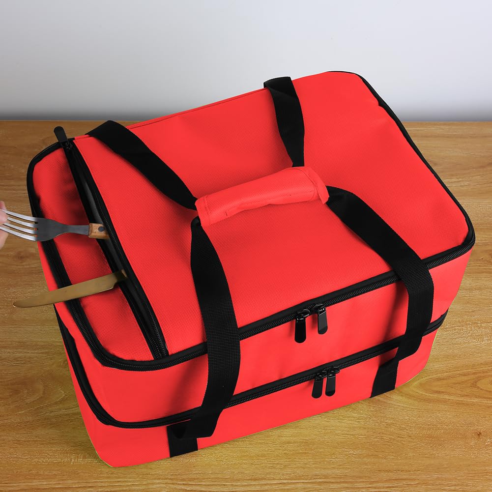 Bodaon 1Pk Insulated Casserole Carrier for Hot or Cold Food, Fits 9"x13" and 11"x15" Baking Dish with Lid, Insulated Food Carriers for Transport, Travel Food Warmer Container Bags (Double Decker, Red)