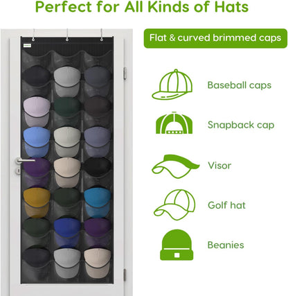 Unjumbly Baseball Hat Rack - 24 Pocket Over-The-Door Organizer with Clear Pockets | Black