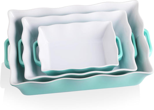 Sweejar Casserole Dishes - Ceramic Bakeware Set of 3 | Rectangular Baking Dish with Handles, Turquoise