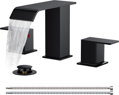 FORIOUS Bathroom Faucet - Matte Black 8-Inch Widespread Waterfall Spout with Pop-Up Drain & Water Supply