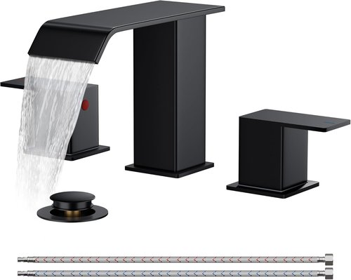 FORIOUS Bathroom Faucet - Matte Black 8-Inch Widespread Waterfall Spout with Pop-Up Drain & Water Supply