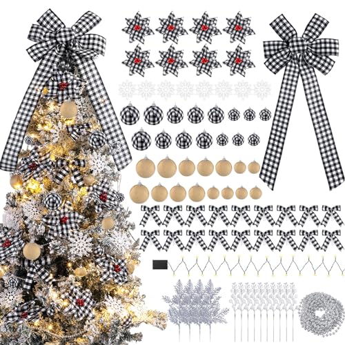 Lyrow Buffalo Plaid Christmas Tree Ornament Set - Black White, 94 pcs