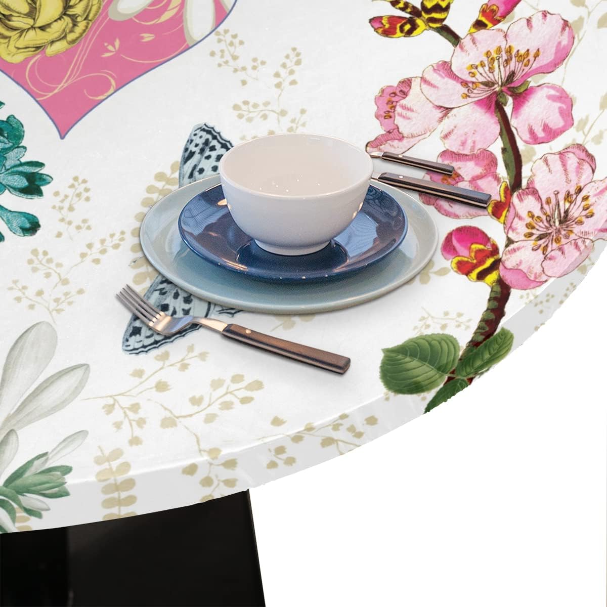 Skiennix Spring Flower Round Tablecloth - Elastic Edge, Washable Polyester for 45-50" Tables | Retro Floral Design
