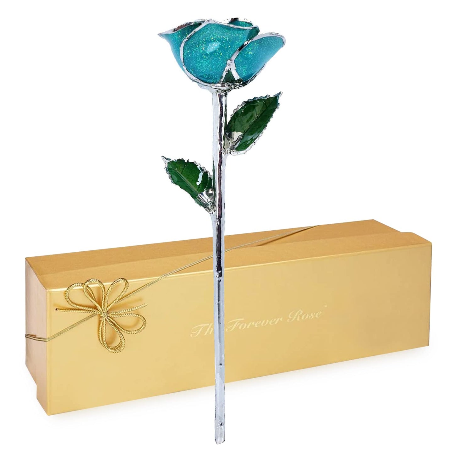 Forever Rose Platinum Serenity Sparkle Rose Platinum Trimmed Rose with Beautiful Teal Color, an Eternal Gift; Hand Dipped & Trimmed in Platinum w/Certificate of Authenticity