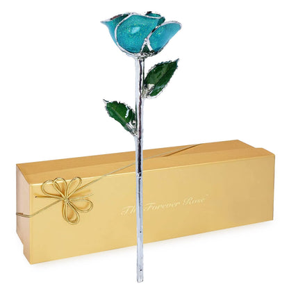 Forever Rose Platinum Serenity Sparkle Rose Platinum Trimmed Rose with Beautiful Teal Color, an Eternal Gift; Hand Dipped & Trimmed in Platinum w/Certificate of Authenticity