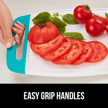 The Original Gorilla Grip Oversized 100% BPA Free Reversible Durable Kitchen Cutting Board Set of 3, Juice Grooves, Dishwasher Safe, Easy Grip Handle Border, Food Chopping Boards, Cooking, Turquoise