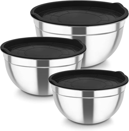 TeamFar Stainless Steel Mixing Bowls Set - Airtight Lids for Serving, Mixing & Storing | 4.6 QT, 3 QT, 1.5 QT, Black