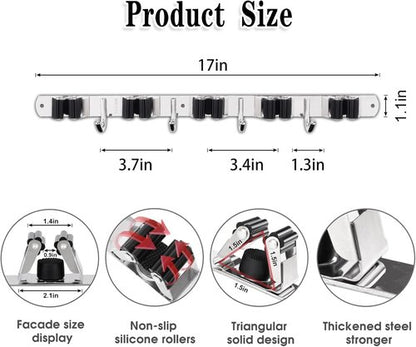 AceMining Wall Mounted Broom and Mop Holder - 3 Pack Heavy Duty Stainless Steel Organizer with 4 Hooks