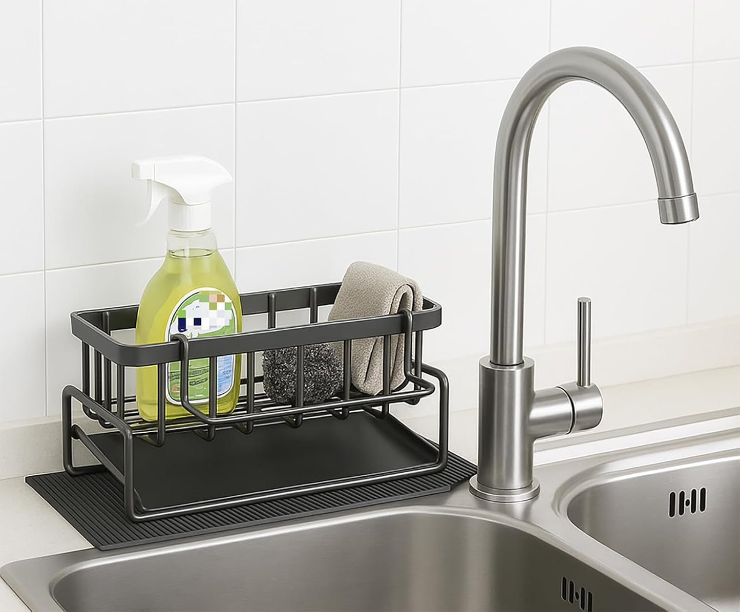 Skiennix Self-Draining Kitchen Sink Caddy - Non-Slip Metal Sponge Holder with Detachable Cloth, Black