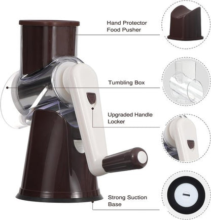 Cambom Rotary Cheese Grater - Hand Crank Shredder for Fresh Cheese, Vegetables & Nuts | Non-Slip Base, 3 Blades, Coffee Color