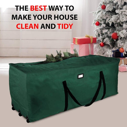 Primode Rolling Tree Storage Bag - Extra Large Heavy Duty Container for 9 ft Holiday Trees | 28" H x 16" W x 60" L - Green