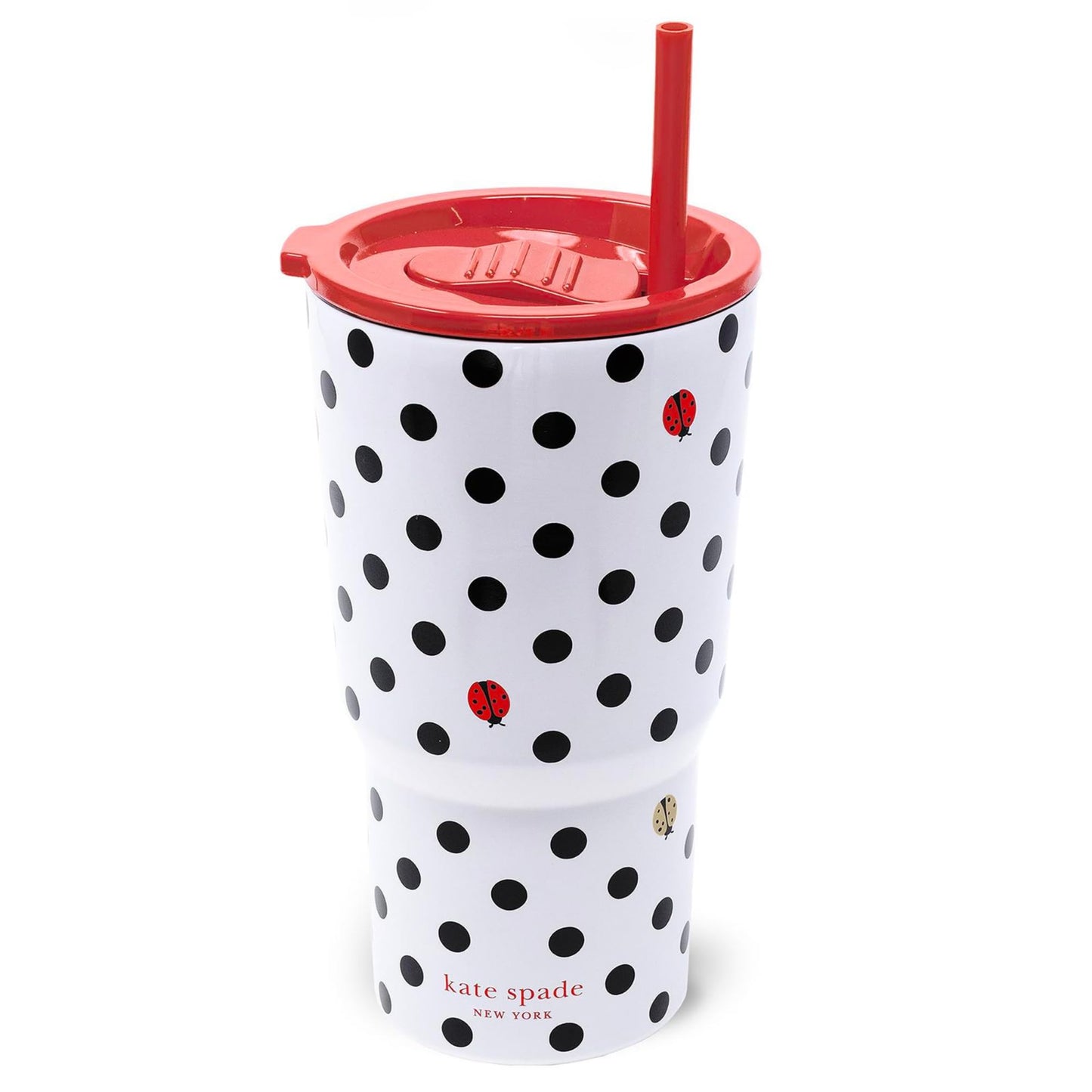 Kate Spade New York 20 Ounce Insulated Tumbler for Cold and Hot Drinks with Reusable Straw, Stainless Steel Travel Cup with Slide Top Lid, Ladybug Dot