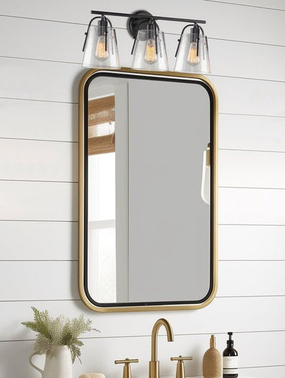 Kira Home Branson 22" 3-Light Modern Farmhouse Vanity/Bathroom Light + Seeded Glass Cone Shades, Black Finish