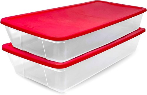 HOMZ Holiday Tote Bins - Clear Plastic Storage Organizers with Lids, 41 Quart, Red | Stackable for Christmas Decor & Crafts