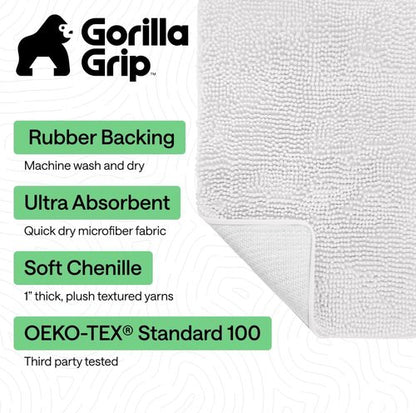 GORILLA GRIP Bath Rug Mat - Thick Soft Absorbent Chenille | Quick Dry Microfiber, 44x26, White