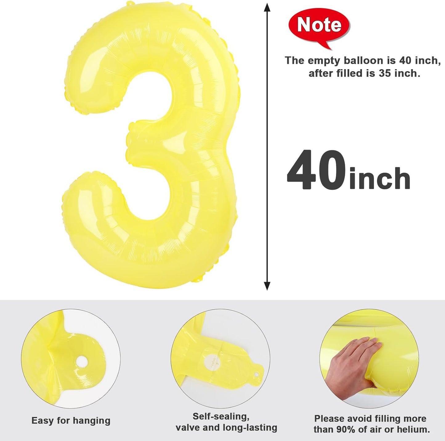 Numbers Balloon - 40 Inch Large Yellow Balloon for 3rd Birthday Party Decorations