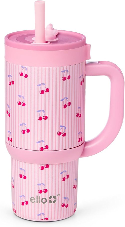 Ello Oasis 14oz Stainless Steel Tumbler - Stylish Preppy Cherries Design for On-the-Go Enjoyment