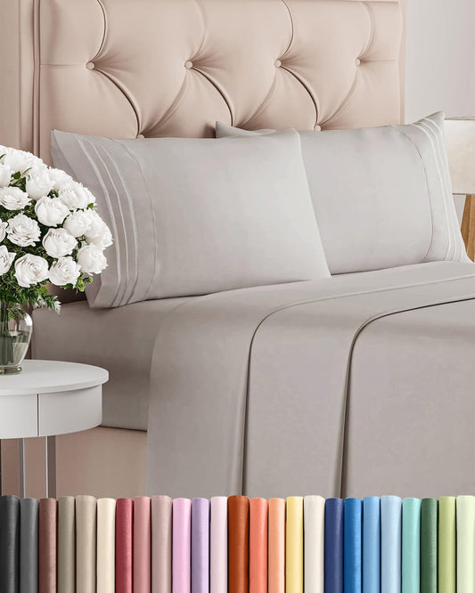 Queen Size 4-Piece Sheet Set | Skiennix Comfy Cooling Bed Sheets - Hotel Luxury, Deep Pockets, Soft & Wrinkle-Free - Light Grey