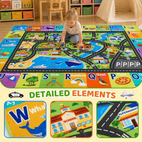 Kids Play Rug 3x5 ft Non-Slip Car Road Play Mat - Washable Soft Road Carpet for Kids Room, Playroom, Classroom, Car Rug 1, 3 x 5 Feet