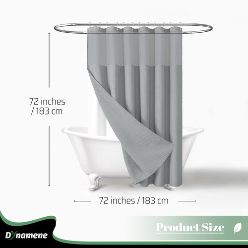 Dynamene Fabric Shower Curtain with Snap in Liner, Grey Waffle Hotel Shower Curtains for Bathroom, Washable Waterproof Cloth Shower Curtain Liner Set with Plastic Hooks, Mesh Top Window, 72x72, Gray