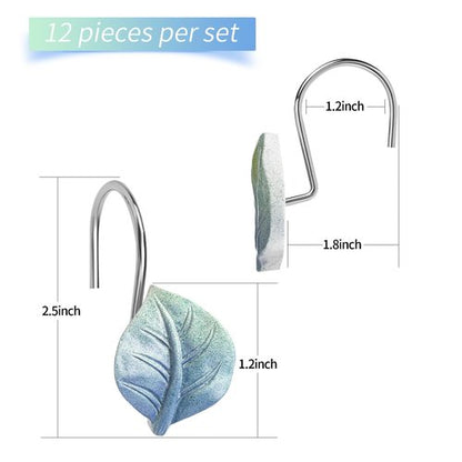 Gibelle 12PCS Leaves Shower Curtain Hooks, Blue Plant Leaf Decorative Shower Curtain Hooks Metal Rustproof Cute Eucalyptus Shower Curtain Rings Bathroom Decoration Accessories