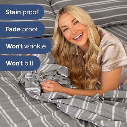 Short Queen Size 4 Piece Sheet Set - RV Short Queen, Soft, Breathable & Cooling Bed Sheets Set w/ Deep Pockets - Hotel Luxury Bedding for Women, Men, Kids, Teens, Boys & Girls, Oeko-Tex - Grey Stripes