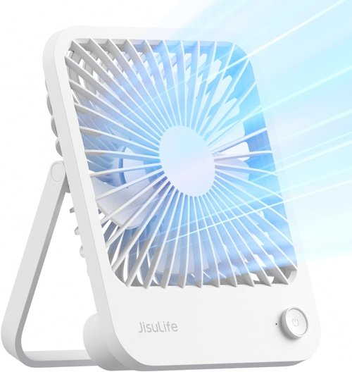 JISULIFE Rechargeable Desk Fan - 4500mAh Battery, 4 Adjustable Speeds, Portable & Foldable - White