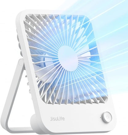 JISULIFE Rechargeable Desk Fan - 4500mAh Battery, 4 Adjustable Speeds, Portable & Foldable - White