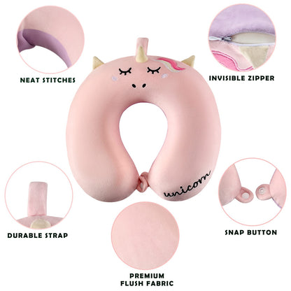 urnexttour Travel Neck Pillow for Kids, Best Unicorn Gifts for Girls with Drawstring Backpack/Necklace/Sleep Mask &Earplugs, Travelling Pillow Set for Airplane, Car, Train, Bus and Home Use (Pink)