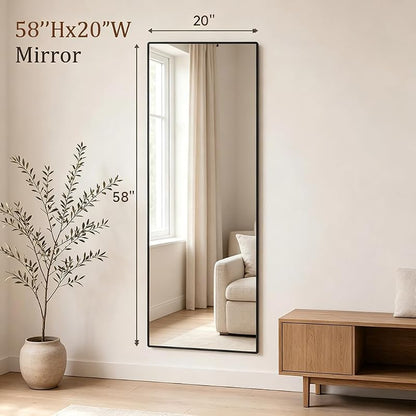 58x20 Full Length Mirror, Wall-Mounted / Freestanding Black Frame - Wide Body Mirror (Variation: Black+58"L x 20"W)