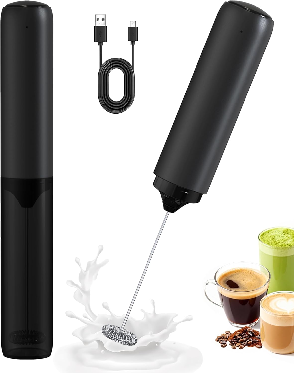 Skiennix Rechargeable Milk Frother - Handheld Electric Mixer for Coffee, Matcha & Lattes - Black
