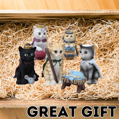 Cat Nativity Set - Festive Kitten Figurines for Christmas Centerpiece, 6 Pieces Up to 3.75 Inches