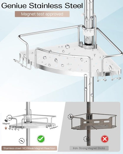 ALLZONE Corner Shower Caddy - Rustproof Tension Pole with 4 Baskets & Extra Hooks | Fits 34–116 Inch, Silver/White