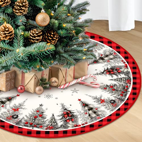Christmas Tree Skirt 48 Inches Snowflake Rustic Plush Holiday Decor - Red