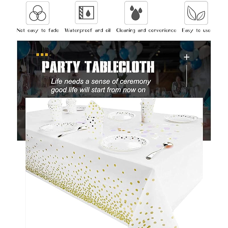 2 Pack White and Gold Disposable Tablecloths, 54 x 108 in – Rectangular Party Covers (Variation: White+2 Pack)