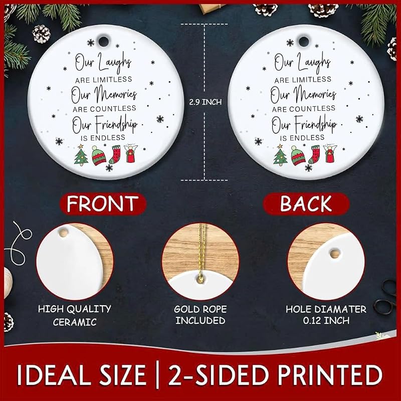 Double Sided Friend Christmas Ornament – 3in Ceramic Keepsake for Women, Sister, Coworker (L25)