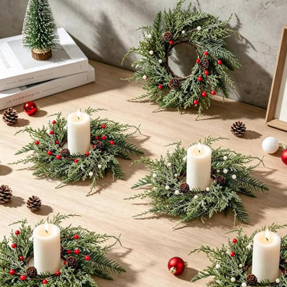 Christmas Berry Candle Wreaths Set of 6 - Faux Cedar Pine Cones Holiday Decor