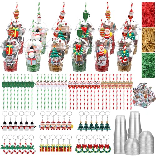 Christmas Party Favors Bulk Set with Cups, Straws, Stickers, Pendants & Rafia - Holiday Classroom Gifts